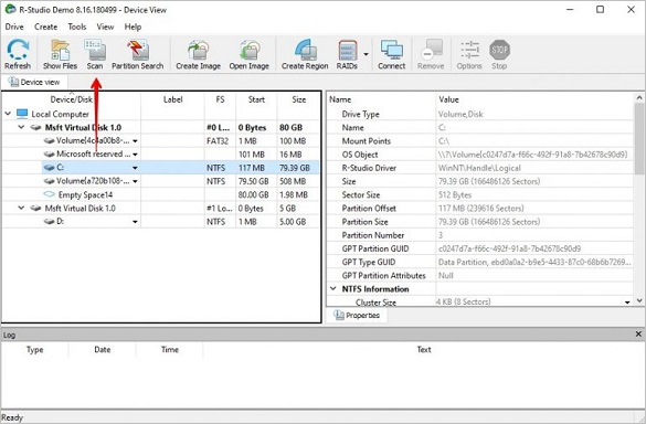 Select a source disk and click Scan in R-Studio Data Recovery