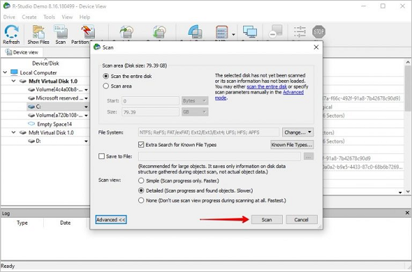 Configure scan options and begin scanning in R-Studio