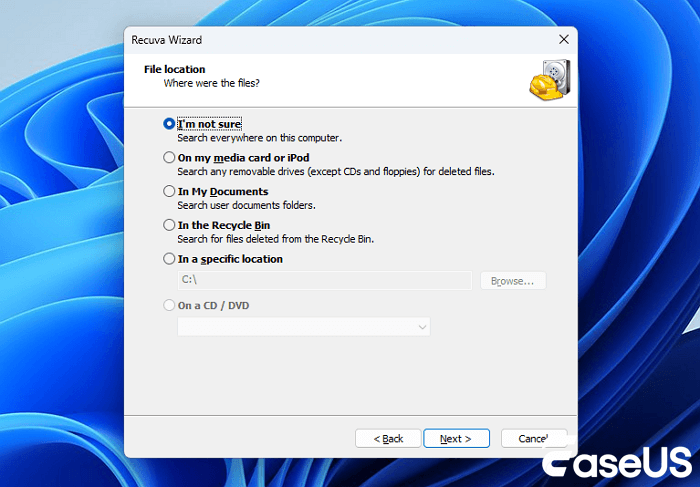 Choose the original file location in Recuva