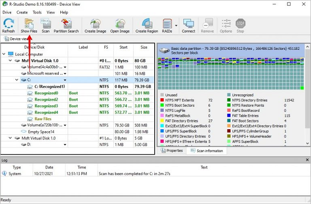 Open a recognized partition and show files in R-Studio