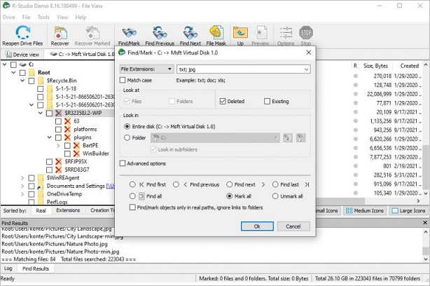 Use Find and Mark criteria to filter R-Studio recovery results