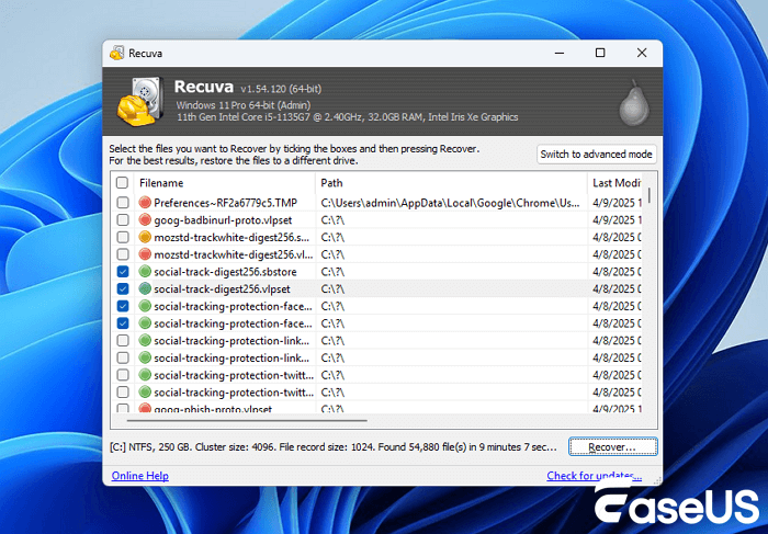 Select scan results and recover files with Recuva