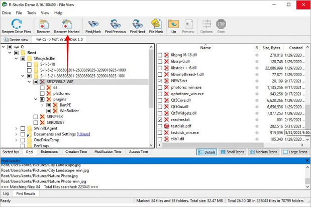 Choose Recover Marked after selecting files in R-Studio