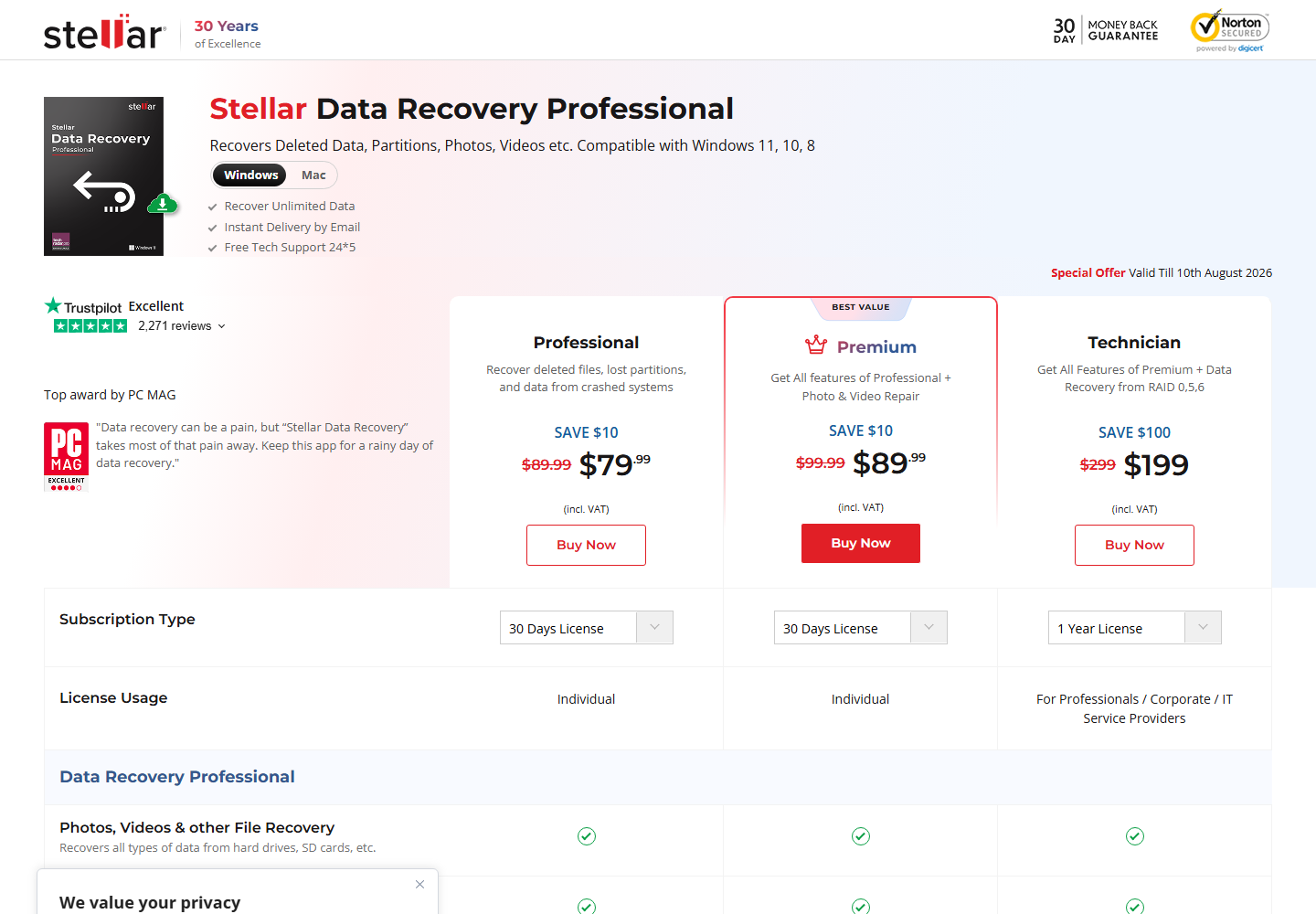 Stellar Data Recovery official pricing plans screenshot
