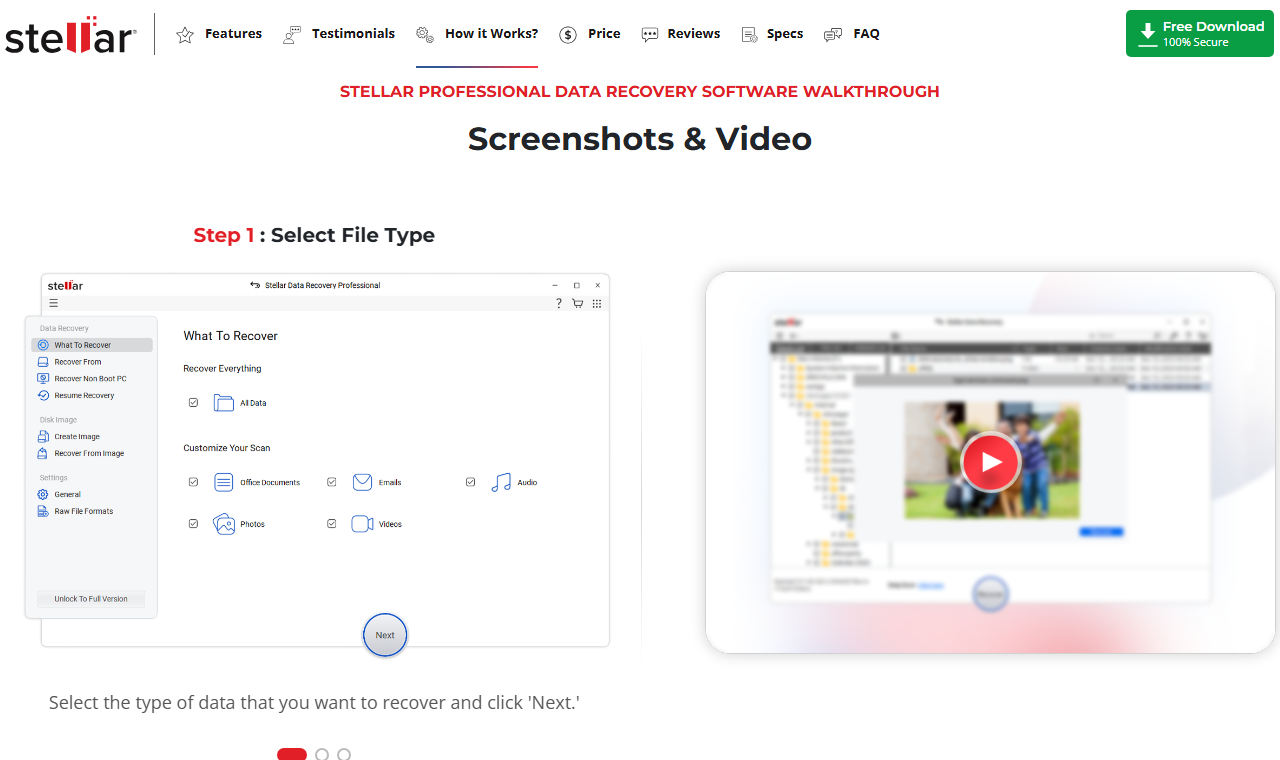 Stellar Data Recovery Step 1 select file type screenshot